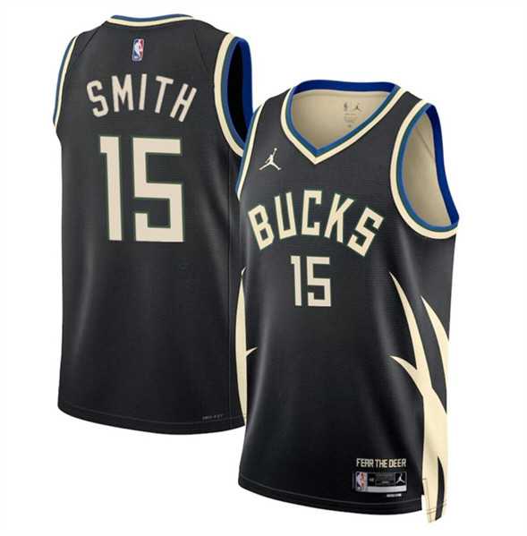 Men%27s Milwaukee Bucks #15 Tyler Smith Black 2024 Draft Statement Edition Stitched Basketball Jersey Dzhi